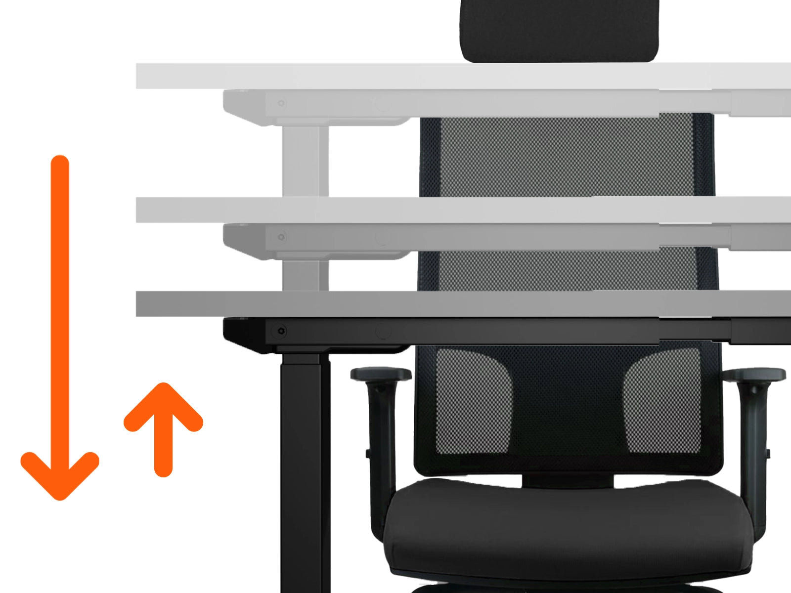 Bureau qui donne l'impression de descendre puis de légèrement se remonter pour illustrer le système de collision, comme le montre les flèches explicites en orange sur la gauche de l'image