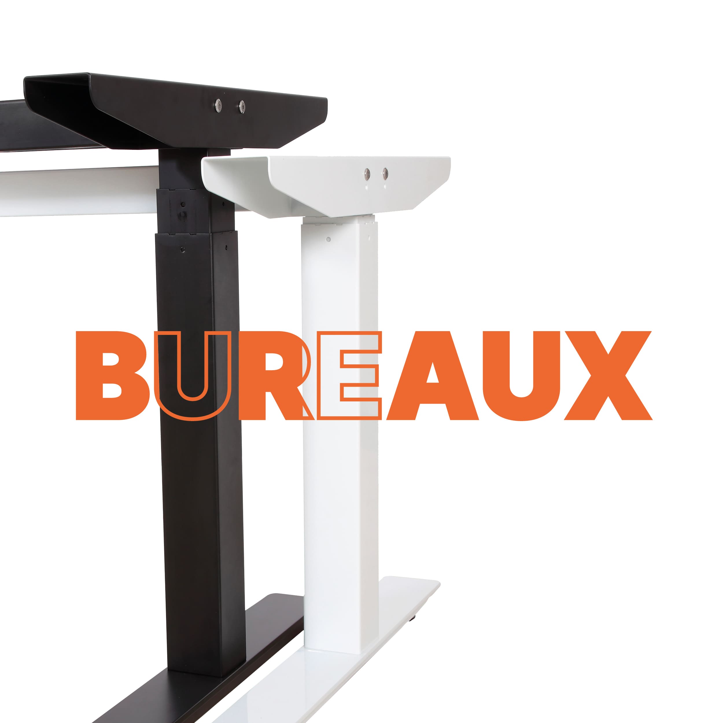 Structures de bureaux noire et blanche qui s'entremêlent, avec écrit en premier plan "bureaux"